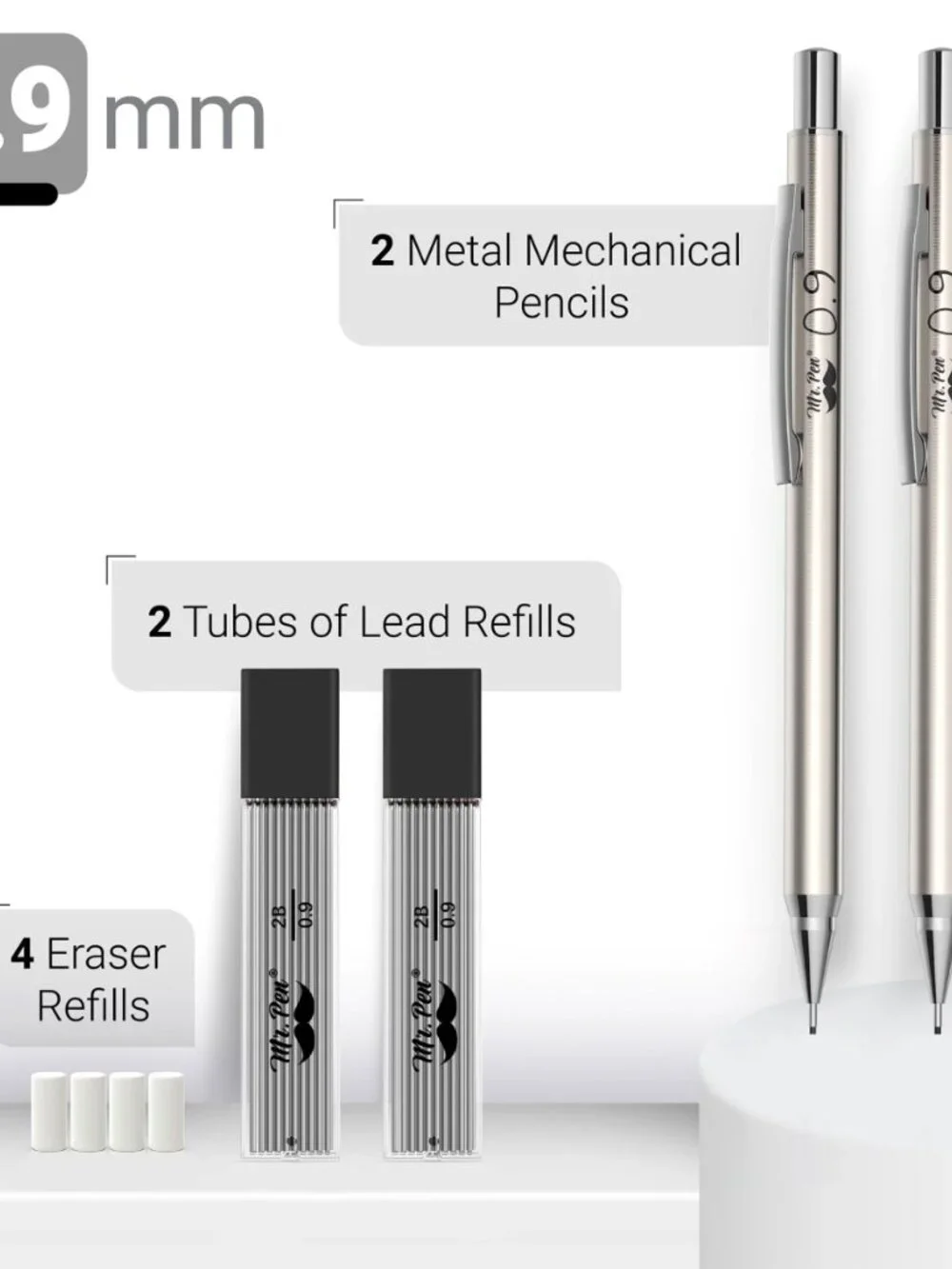Mr. Pen- Metal Mechanical Pencil Set with Lead Refills & Erasers, 2 Pack | 0.9mm